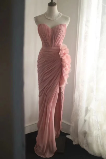 Vintage Pink Strapless Chiffon Gown Ruffled Prom Dress TP5648