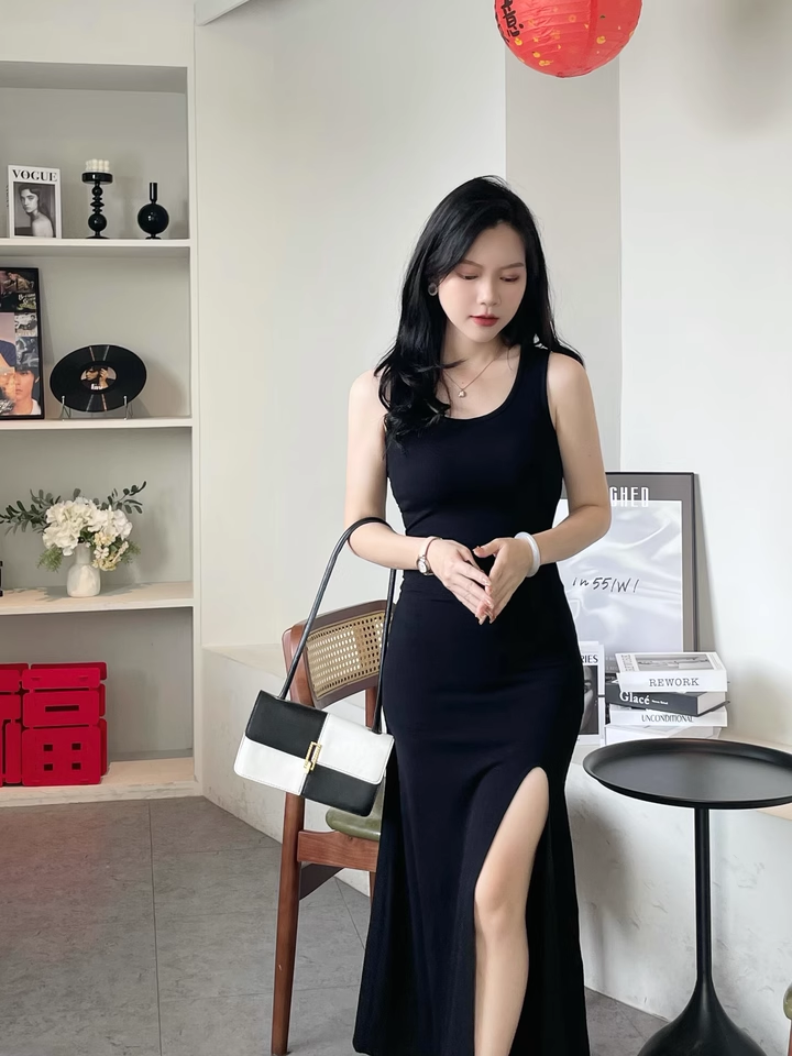 New Fashion Black Sleeveless Elegant Split Spaghetti Strap Dress TP2981