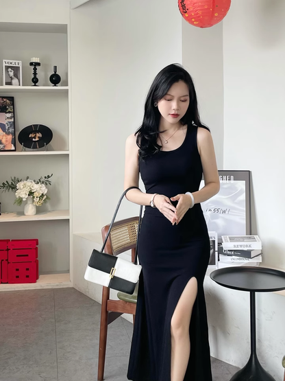 New Fashion Black Sleeveless Elegant Split Spaghetti Strap Dress TP2981