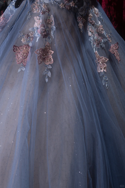 Gorgeous Dusty Blue Sparkly Tulle Sweetheart Neck 3D Floral Appliques Ball Gown TP5794