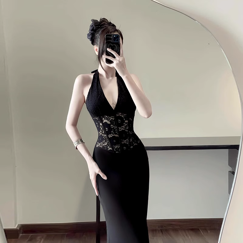 Women New Fashion Black Gauze Satin Halter Dress TP2870