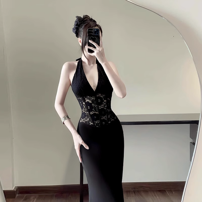 Women New Fashion Black Gauze Satin Halter Dress TP2870