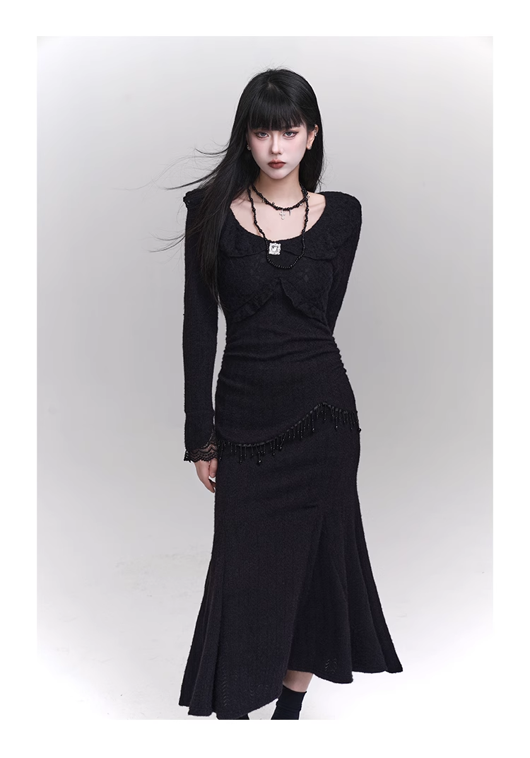 Elegant Fashion Tassels Lace Cuff Design Long-sleeved Dress TP2947