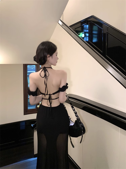 Fashion Sexy Black Lace Cutout Sleeved Backless Halter Dress TP2973