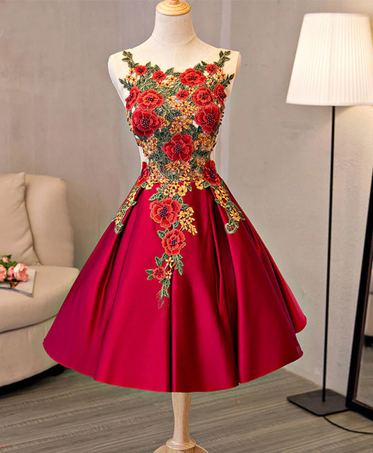Vintage Red Floral Embroidery Design A-line Lace-up Satin Party Dress Homecoming Dress TP4065