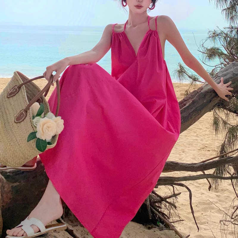 New Fashion Rose Pink Sleeveless Beach Halter Dress TP2979