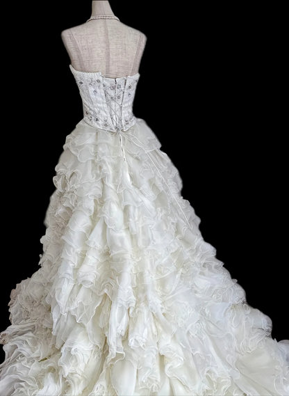 Vintage Ivory Strapless Ruffled Tulle Beaded A-Line Wedding Dress TP5492