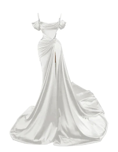 Elegant Mermaid Spaghetti Strap Prom Dress Pleated High Slit Evening Gown Party Dress Long Formal Dress TP4815