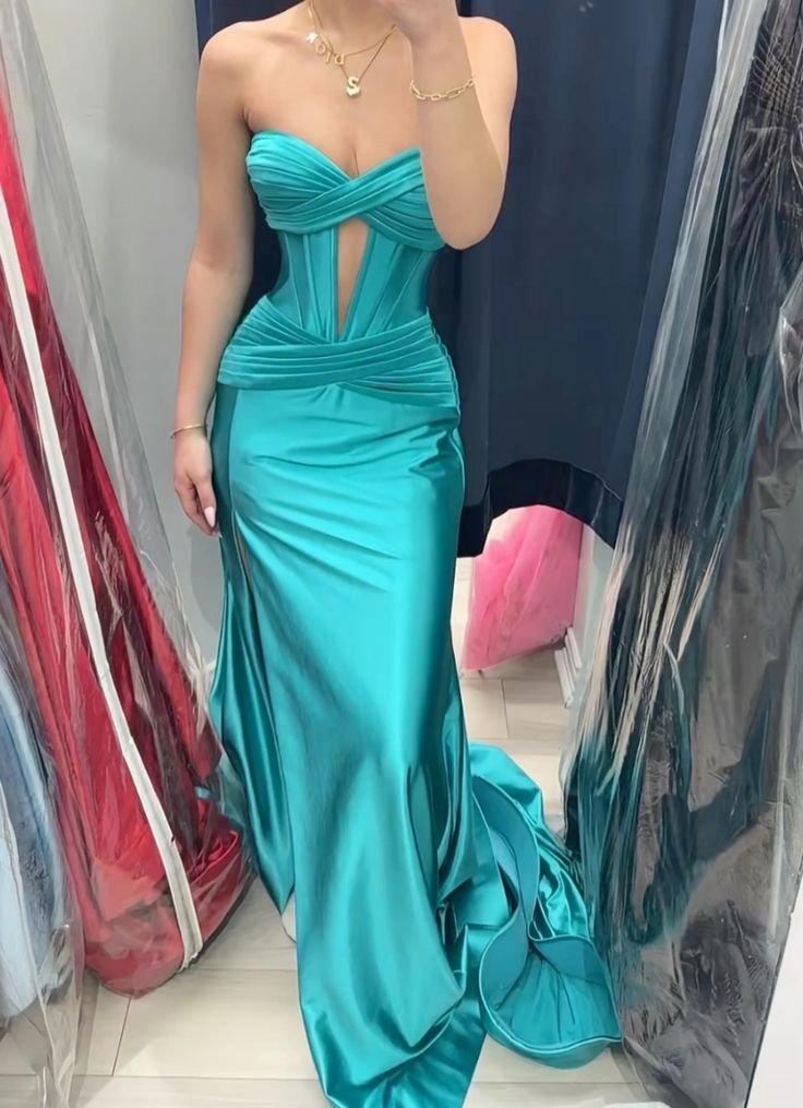 Vintage Turquoise Sheath Evening Gown Strapless Sweetheart Party Dress Satin Slit Floor Length Formal Dress TP4906