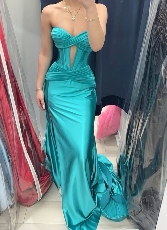 Vintage Turquoise Sheath Evening Gown Strapless Sweetheart Party Dress Satin Slit Floor Length Formal Dress TP4906