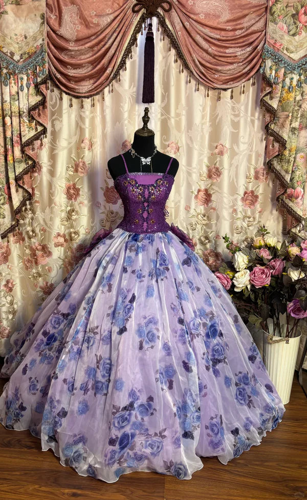 Gorgeous Lilac Floral Spaghetti Strap Chiffon Sweet 16 Quinceanera A-Line Evening Dress Ball Gown TP4284