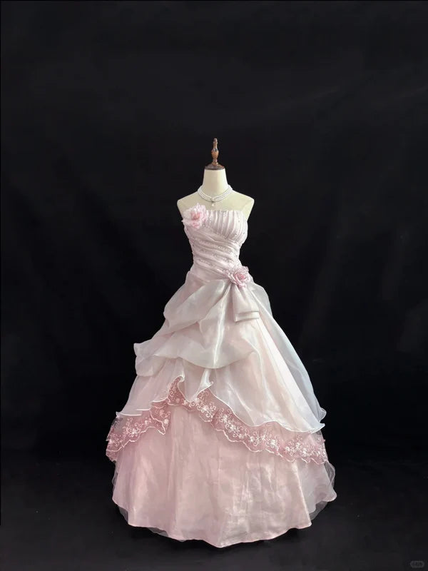 Elegant Light Pink Strapless Chiffon Sweet 16 Quinceanera A-Line Ruffles Evening Dress Ball Gown TP4273