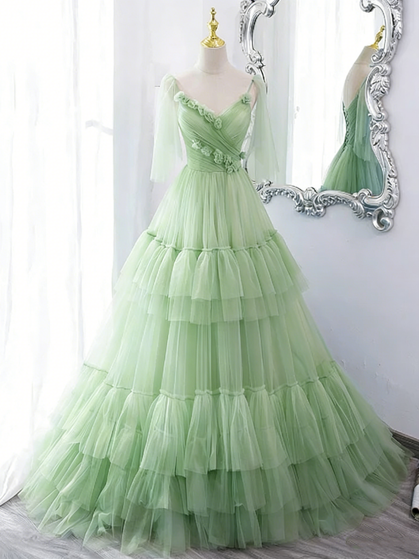 Glamorous Light Blue Tiered Tulle Spaghetti Straps 3D Rose Sweet 15 Quinceanera Ball Gown TP5484