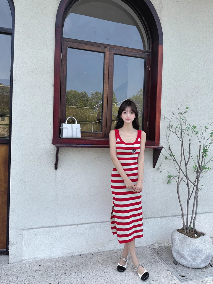 New Fashion Red Streak Casual Sleeveless Spaghetti Strap Dress TP2977