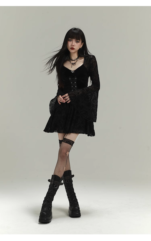 Vintage Black Gothic Bell Sleeve Long-sleeved Dress TP2909