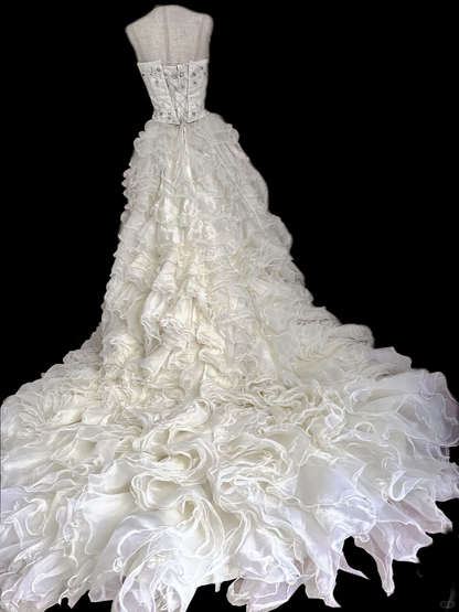 Vintage Ivory Strapless Ruffled Tulle Beaded A-Line Wedding Dress TP5492