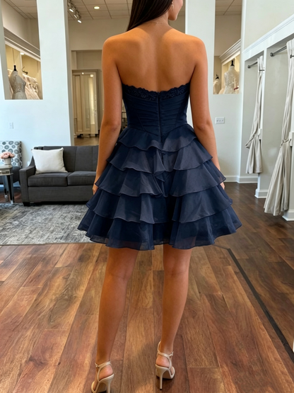 Vintage Navy Blue Strapless Sweetheart Tiered Ruffle Organza A-Line Homecoming Dress TP6047