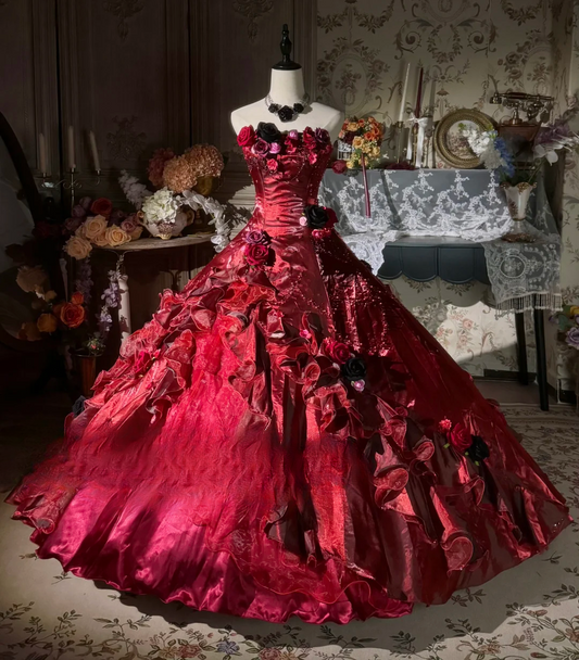 Elegant Burgundy Strapless 3D Floral & Ruffled Satin Layers Ball Gown TP5132
