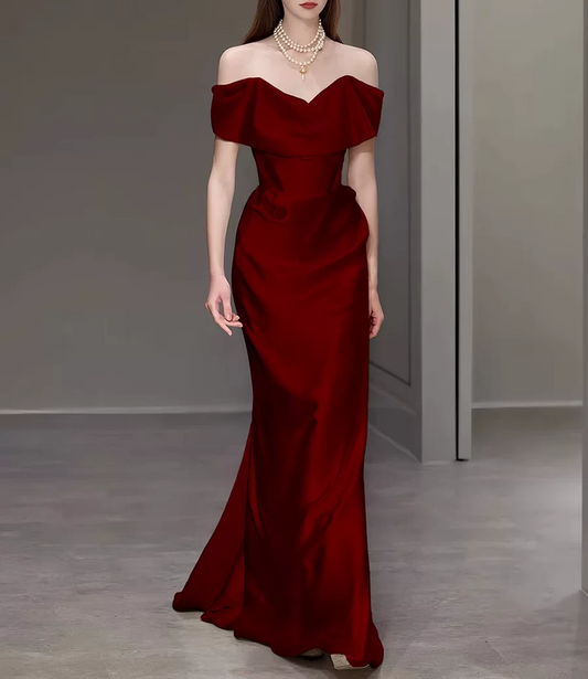 Elegant Burgundy Satin Off-the-Shoulder Mermaid Draped Prom Dress TP6099