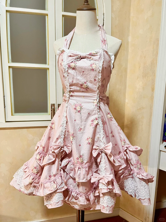 Vintage Pink Floral Halter Dress Design A-Line Elegant Tiered Homecoming Dress Birthday Dress Party Dress TP4171