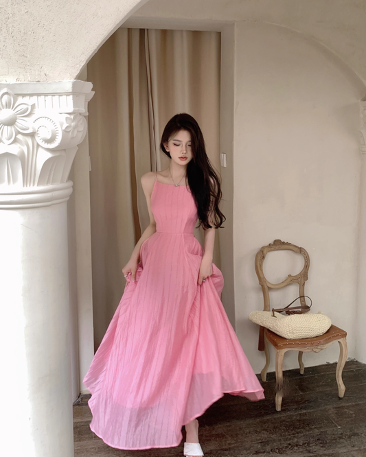 Simple Fashion Rose Pink Backless Loose-fitting Design A-line Spaghetti Strap Dress TP3424