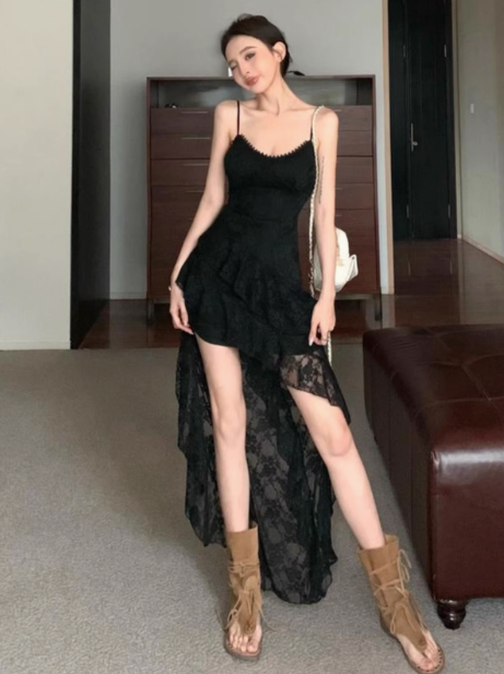 Fashion Black Irregular Ruffled Lace Hem Dress A-line Sleeveless Spaghetti Strap Dress TP3260