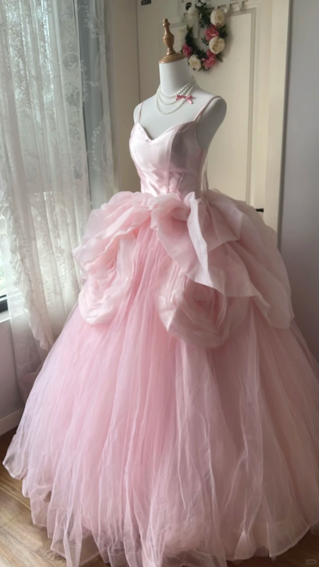 Glamorous Pink Satin Tulle 3D Rose Spaghetti Strap Sweetheart Long Ball Gown TP5831
