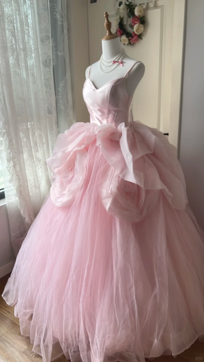 Glamorous Pink Satin Tulle 3D Rose Spaghetti Strap Sweetheart Long Ball Gown TP5831