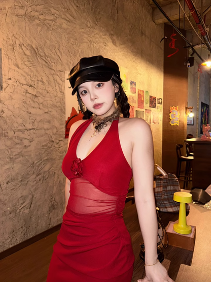 Women Simple Red Sexy Fashion Halter Dress TP2868