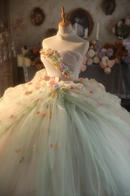 Vintage StraplessTulle Formal 3D Flower Sweet 15 Quinceanera Ball Gown TP5526