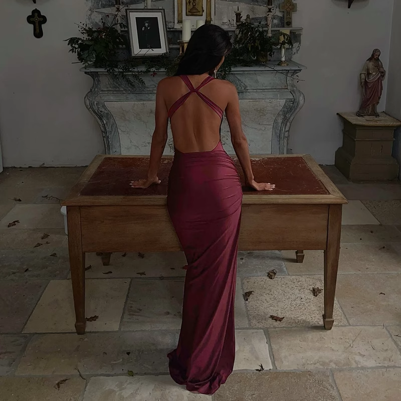 Simple Vintage Spaghetti Strap Sexy High-waist Slit Dress TP2893