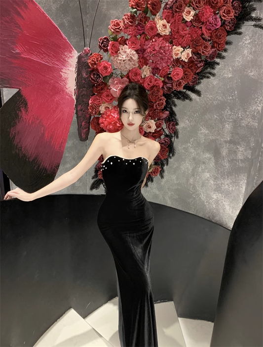 New Simple Design Black A-Line Elegant Women Strapless Dress TP3149