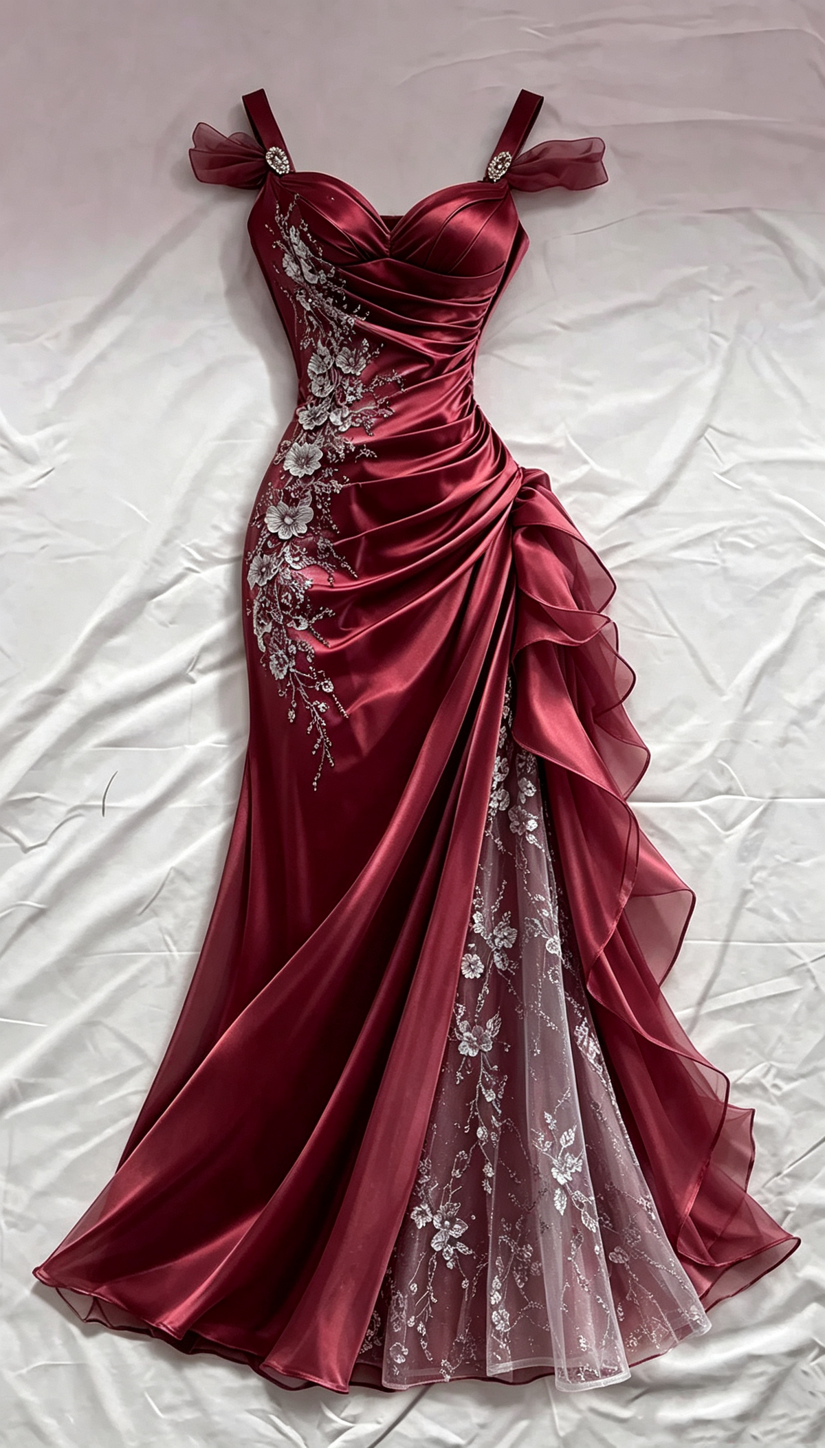 Vintage Dusty Blue Satin Mermaid Sweetheart Spaghetti Strap 3D Floral Lace Applique High Slit Ruffle Prom Dress TP5892