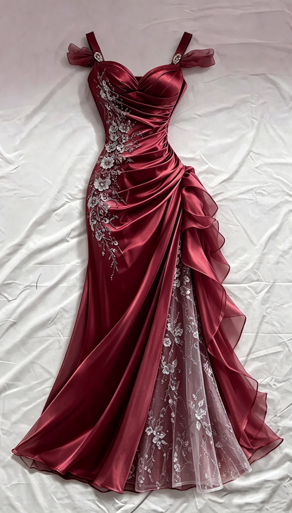 Vintage Dusty Blue Satin Mermaid Sweetheart Spaghetti Strap 3D Floral Lace Applique High Slit Ruffle Prom Dress TP5892