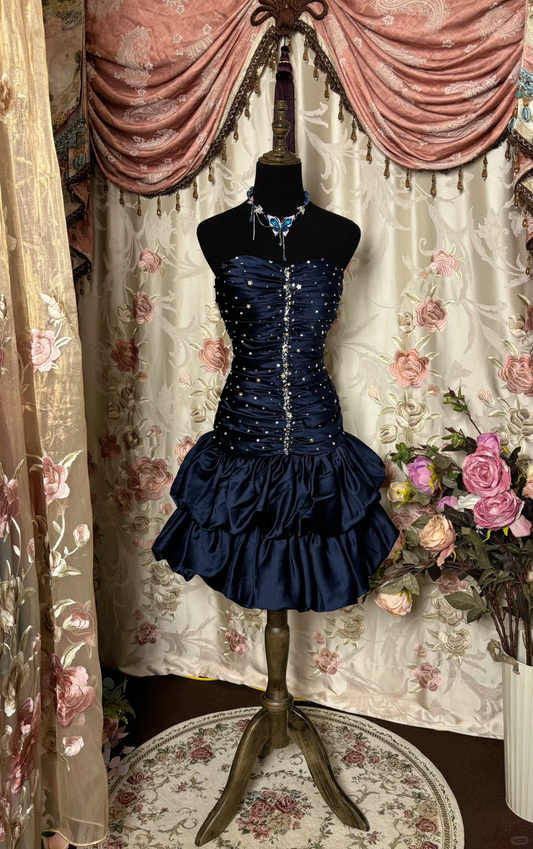 Vintage Navy Blue Beading Strapless A-line Satin Short Homecoming Dresses TP3917