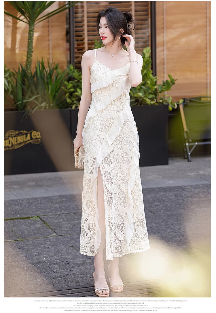 Vintage Fashion Beige Irregular Ruffled Hem Design Elegant A-line Spaghetti Strap Dress TP3354