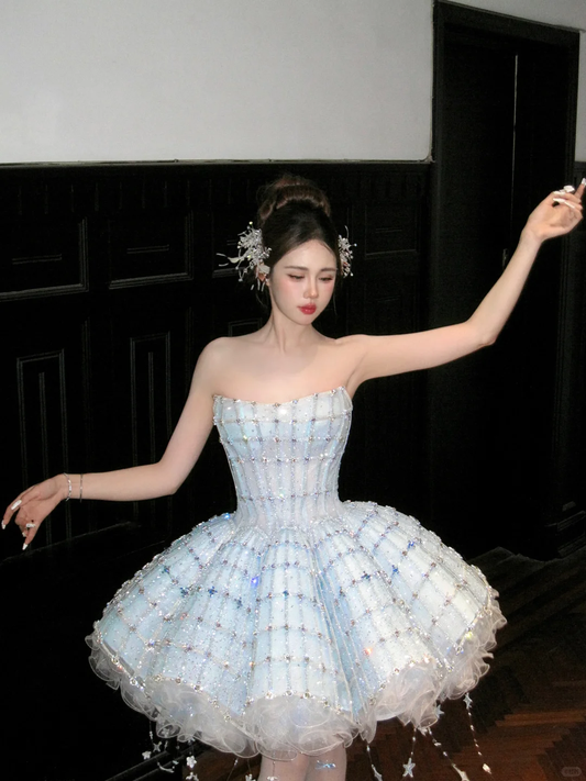 Gorgeous Shiny Light Blue Sequined A-Line Strapless Design Tiered Party Dress Homecoming Dress TP4238