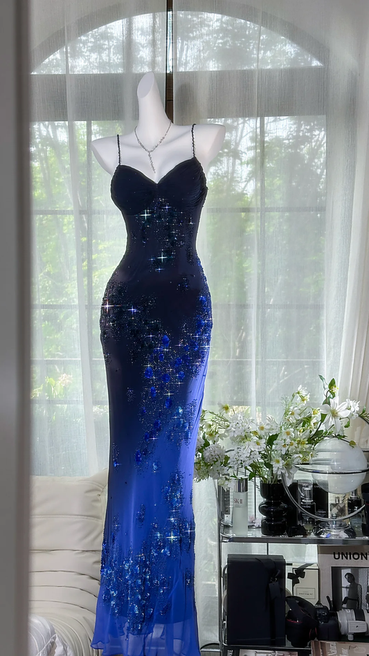 Gorgeous Navy Blue Sparkling Beaded V-neck Elegant Mermaid Chiffon Evening Dress Prom Dresses TP4146