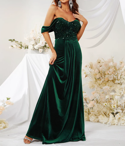 Vintage Emerald Green Off-Shoulder Velvet Sequin Bodice Prom Dress TP5778