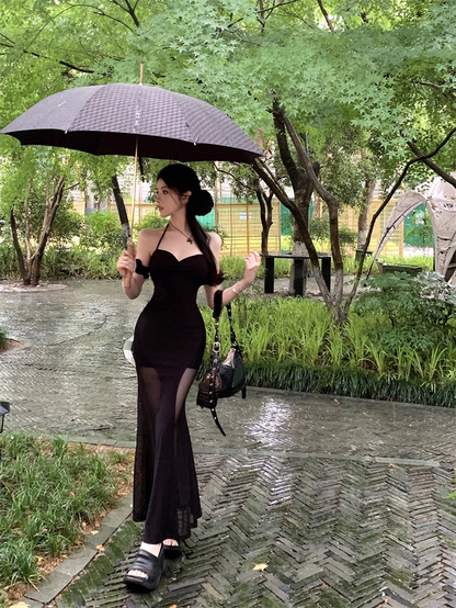 Fashion Sexy Black Lace Cutout Sleeved Backless Halter Dress TP2973