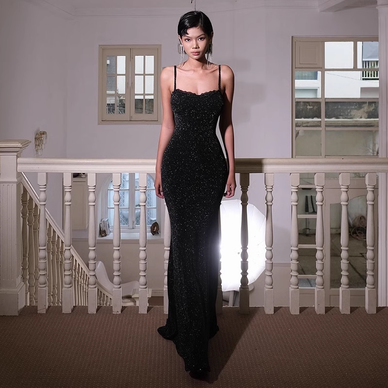 New Elegant Black Lace Spaghetti Strap Dress Sexy Evening Dress TP2877