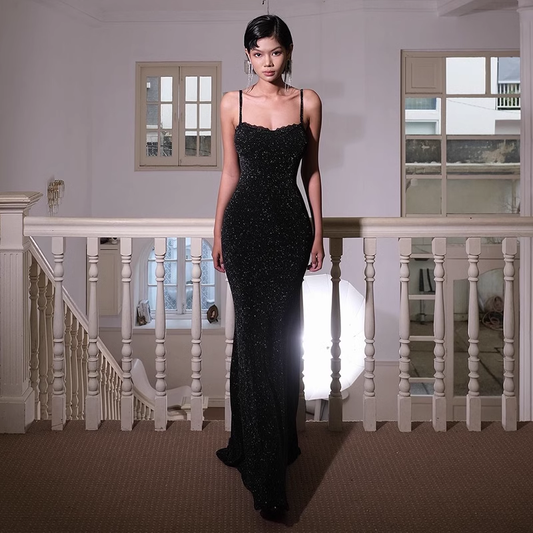 New Elegant Black Lace Spaghetti Strap Dress Sexy Evening Dress TP2877