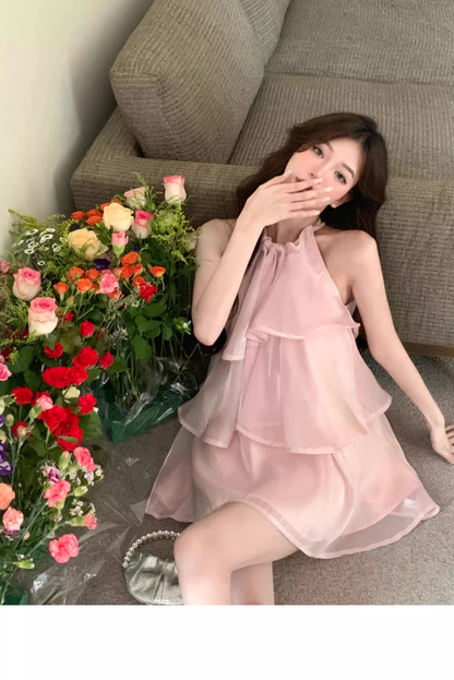 Stylish Pink Patchwork Ruffled Sleeveless Seaside Holiday Halter Dress TP2986