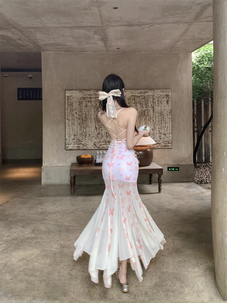 New Stylish Women Pink Butterfly Mermaid Spaghetti Strap Dress TP2966
