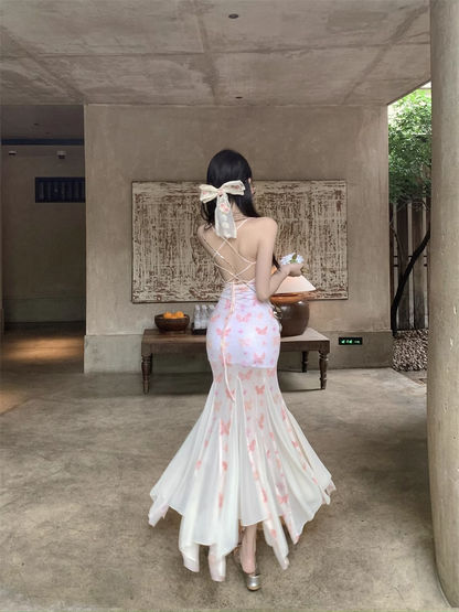 New Stylish Women Pink Butterfly Mermaid Spaghetti Strap Dress TP2966