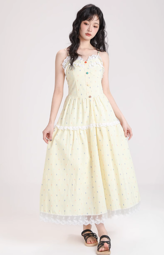 Simple Fashion Light Yellow Floral Design Spaghetti Strap Dress TP3057