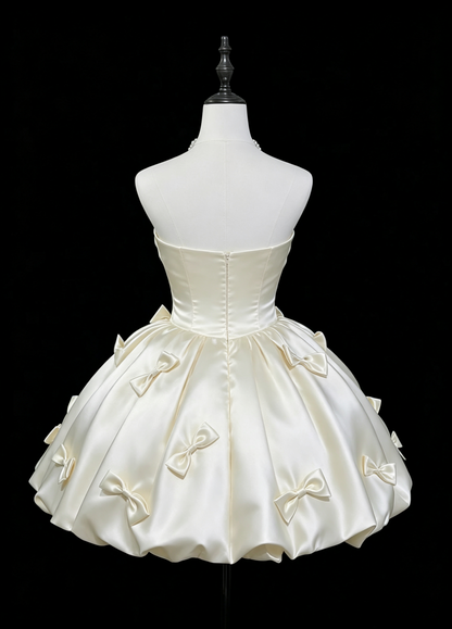 Vintage Strapless Cream Satin Bubble 3D Bows A-Line Homecoming Dress TP6063