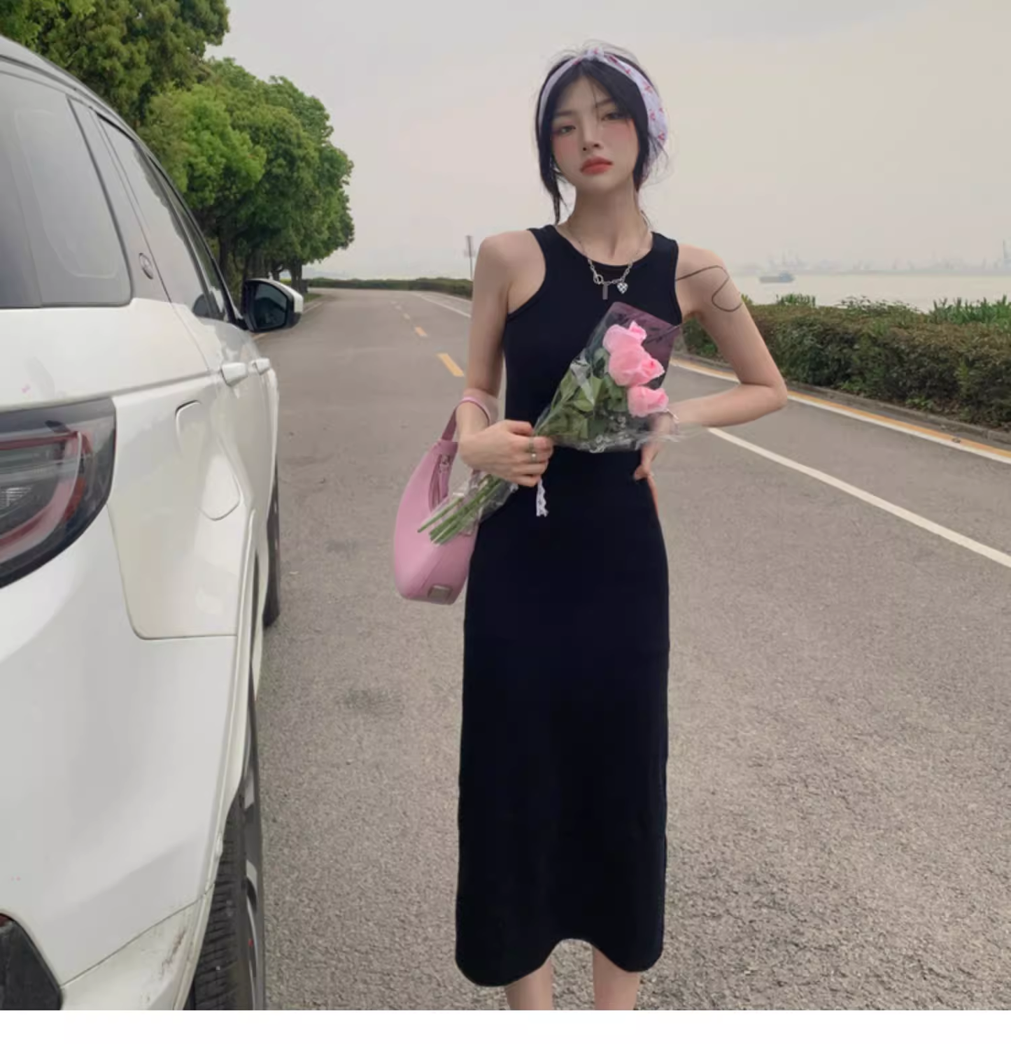 Simple Women Fashion Gray Black Halter Dress TP2988