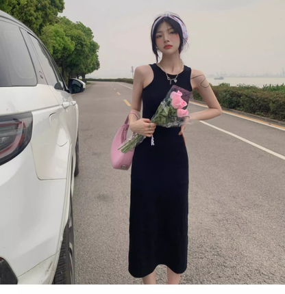 Simple Women Fashion Gray Black Halter Dress TP2988