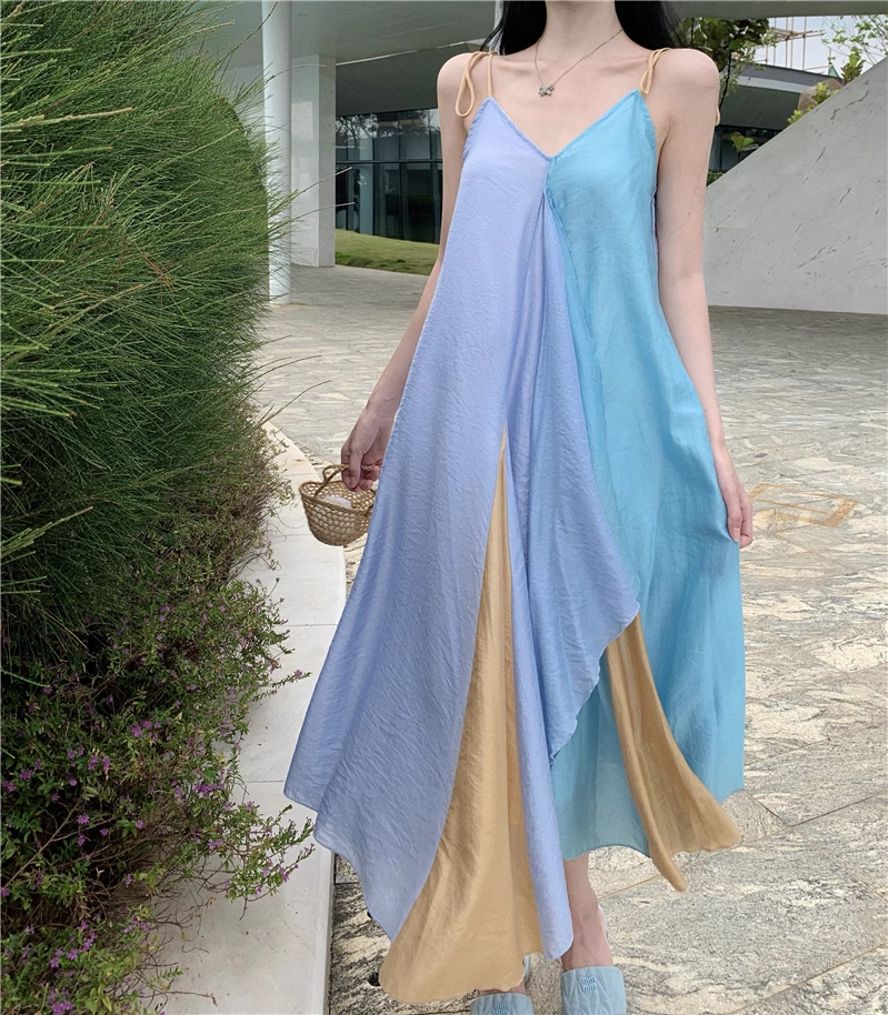 Simple Multi-color Splicing Design A-Line Casual V-neck Spaghetti Strap Dress TP3160